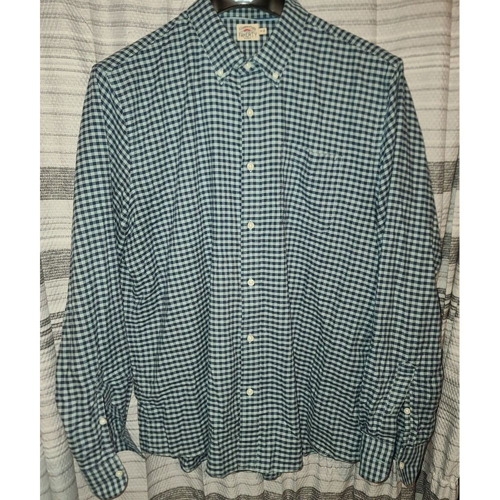 Faherty Mens XL Shirt‎ Stretch Oxford Blue Teal Gingham Long Sleeve Cotton Blend